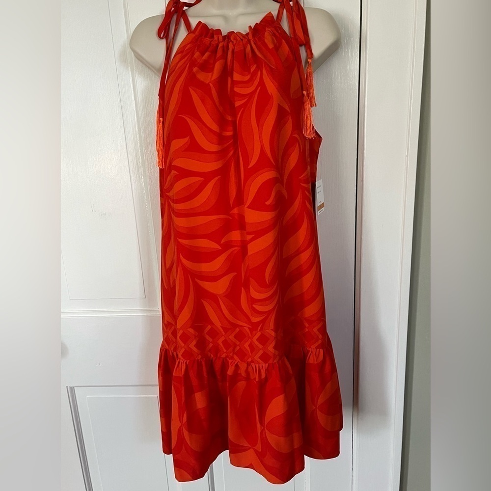 NWT Taylor Sleeveless Shoulder Tie Orange Swirl Design MIDI Dress Size Small